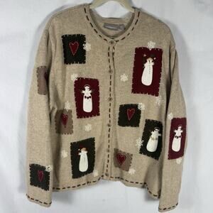 Croft & Barrow Beige Cardigan with Snowman and Heart Accents